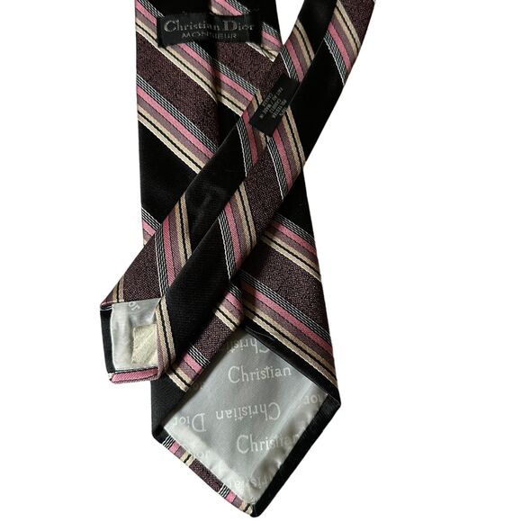 Vintage Christian Dior Monsieur Repp Striped Necktie Tie Pink/Ivory/Black 58" - Picture 2 of 3